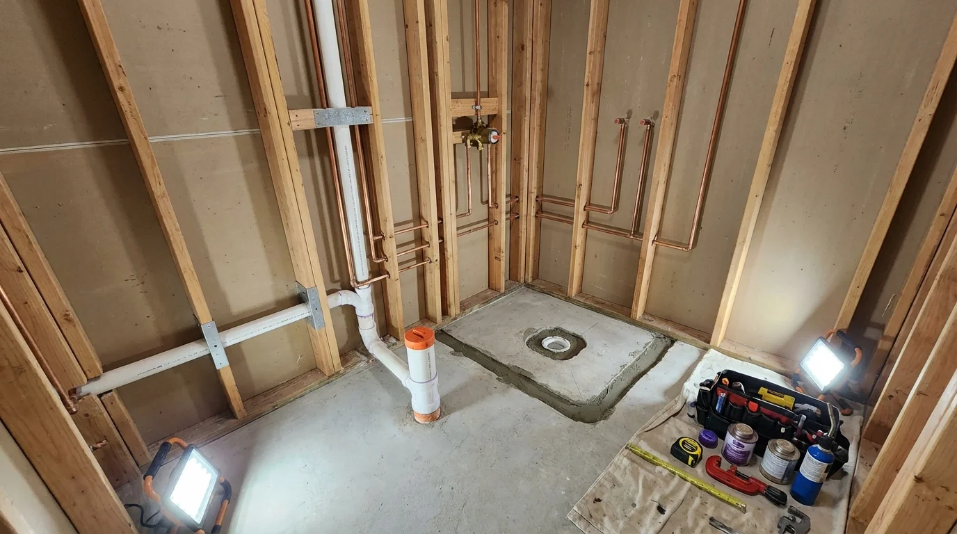 Bathroom rough-in plumbing during remodel by Johns Plumbing LLC in Byhalia