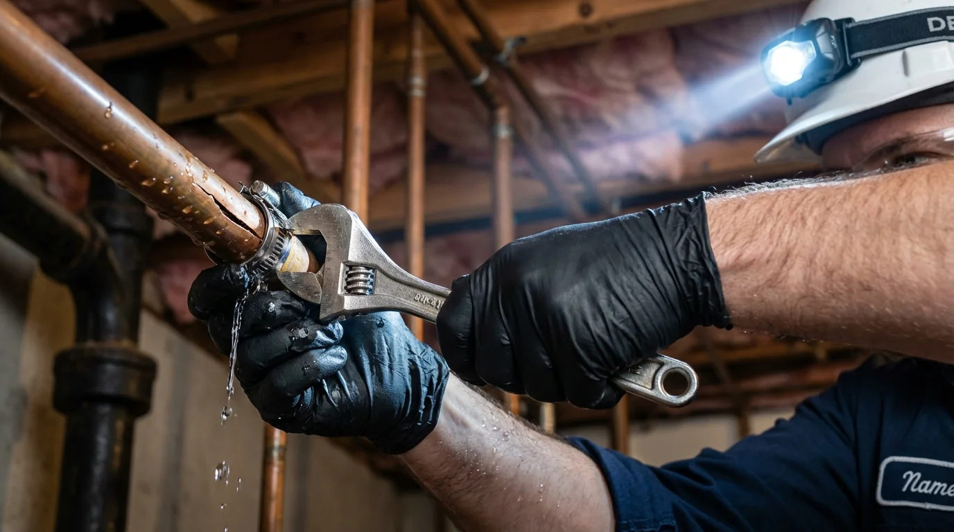 Emergency pipe clamp repair being performed by a Johns Plumbing LLC plumber in Byhalia