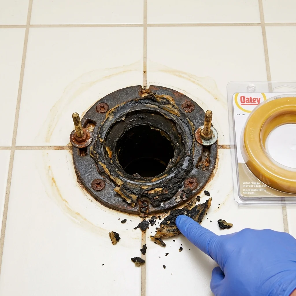 Failed wax ring showing water seepage at the base of a toilet in a Byhalia, MS home