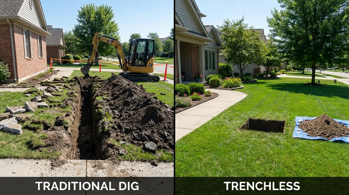 Trenchless sewer repair with minimal yard damage versus traditional excavation in Byhalia, MS