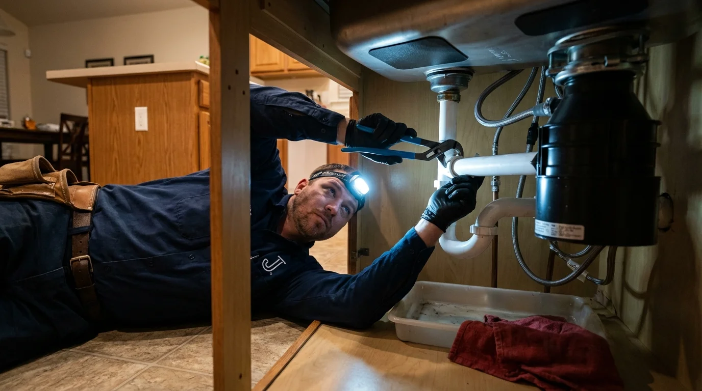 P-trap and supply line connections under a kitchen sink showing a common leak point in Byhalia, MS